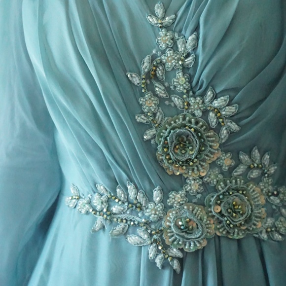 Flowy Aqua Chiffon Long Sleeve Formal Dress with Embellished Waist - Picture 2 of 10